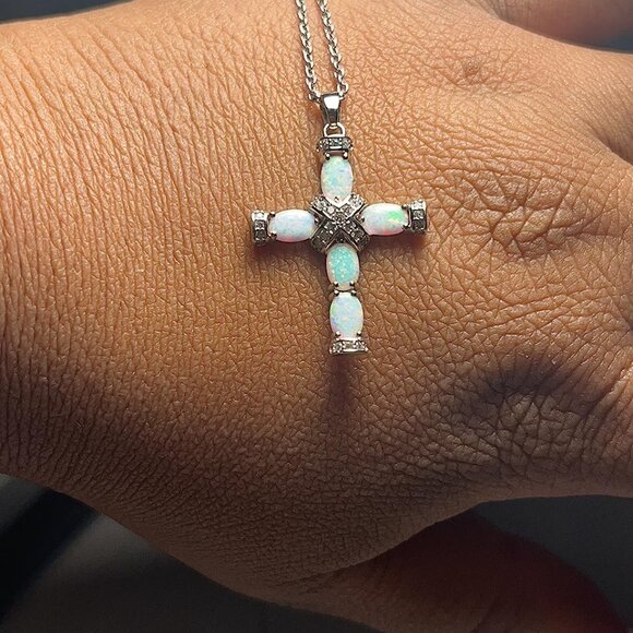 Neiman Marcus  White Gold Plated Opal Cross Necklace - Picture 1 of 5